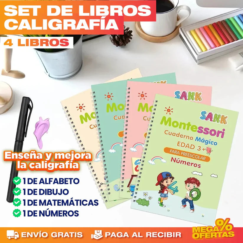 📚 SET 4 CUADERNOS CALIGRAFIA, MATEMATICAS, DIBUJO, ALFABETO PARA NIÑOS