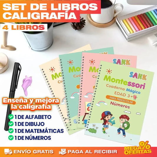 📚 SET 4 CUADERNOS CALIGRAFIA, MATEMATICAS, DIBUJO, ALFABETO PARA NIÑOS